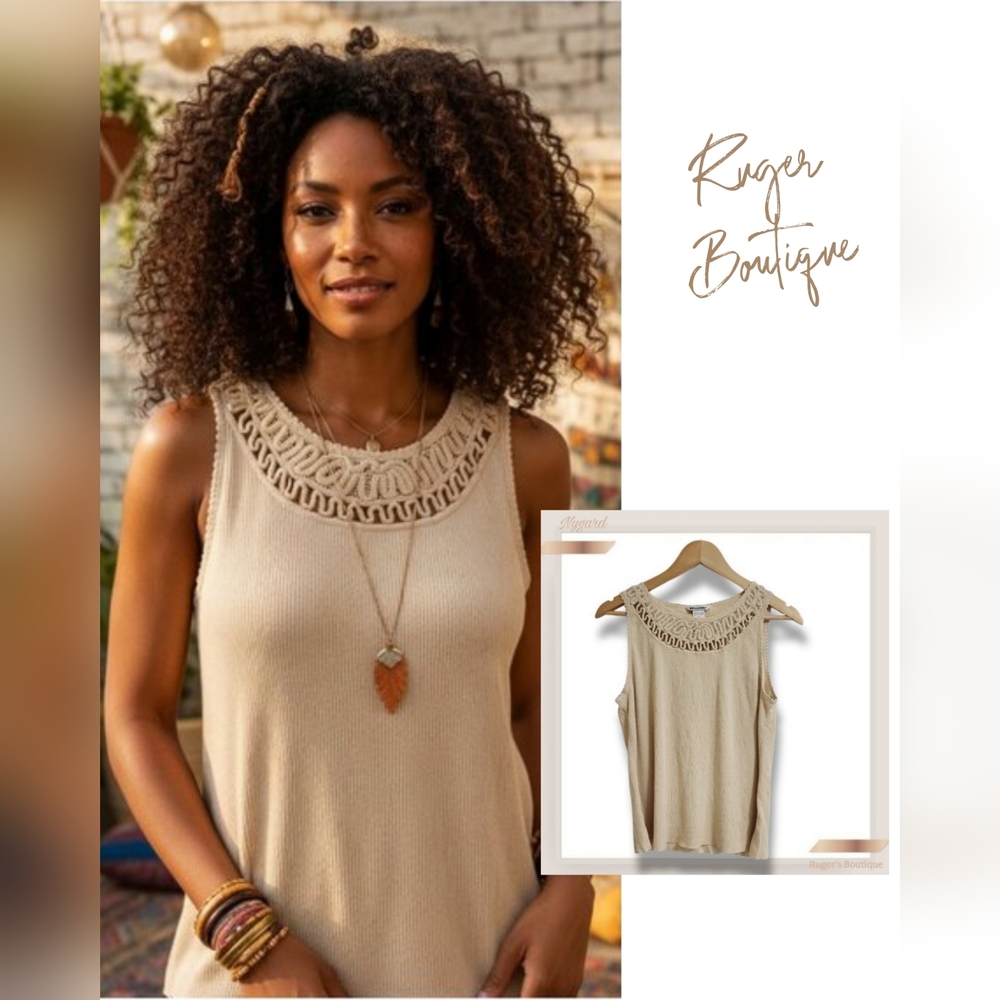 🌿Nygard Sleeveless.Shimmer Tan Knit Top with Crochet Yoke - Size XL